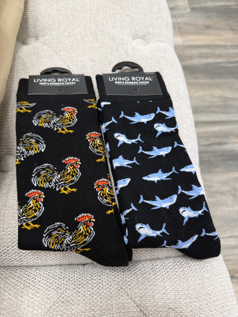 Living Royal Men’s Black Novelty Rooster & Shark Socks - 2 Pack